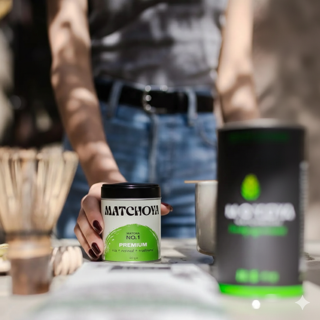matcha-schale mit leuchtend gruenem matcha-pulver auf hellem hintergrund