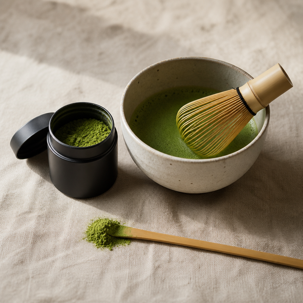 Jadegrüner Matcha in der Schale, geöffnete Dose und Bambuslöffel auf Leinen