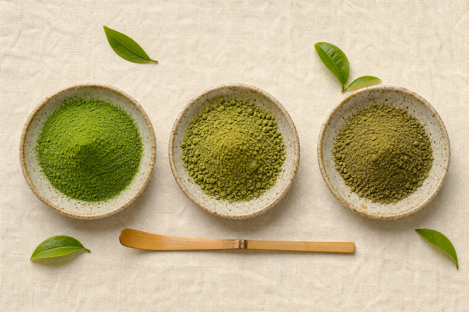 drei matcha qualitaetsstufen in keramik-schalen mit teeblaettern