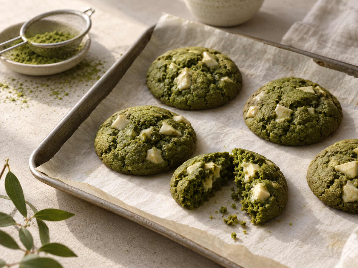 Frisch gebackene grüne Matcha Cookies mit weißer Schokolade auf Backpapier, einer aufgebrochen
