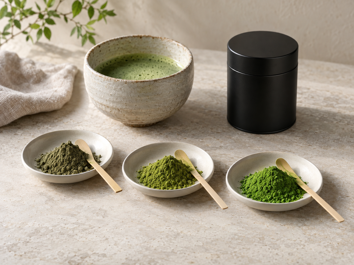 Drei Häufchen Matcha-Pulver von olivgrün bis leuchtend jadegrün, dahinter eine Schale aufgeschlagener Matcha