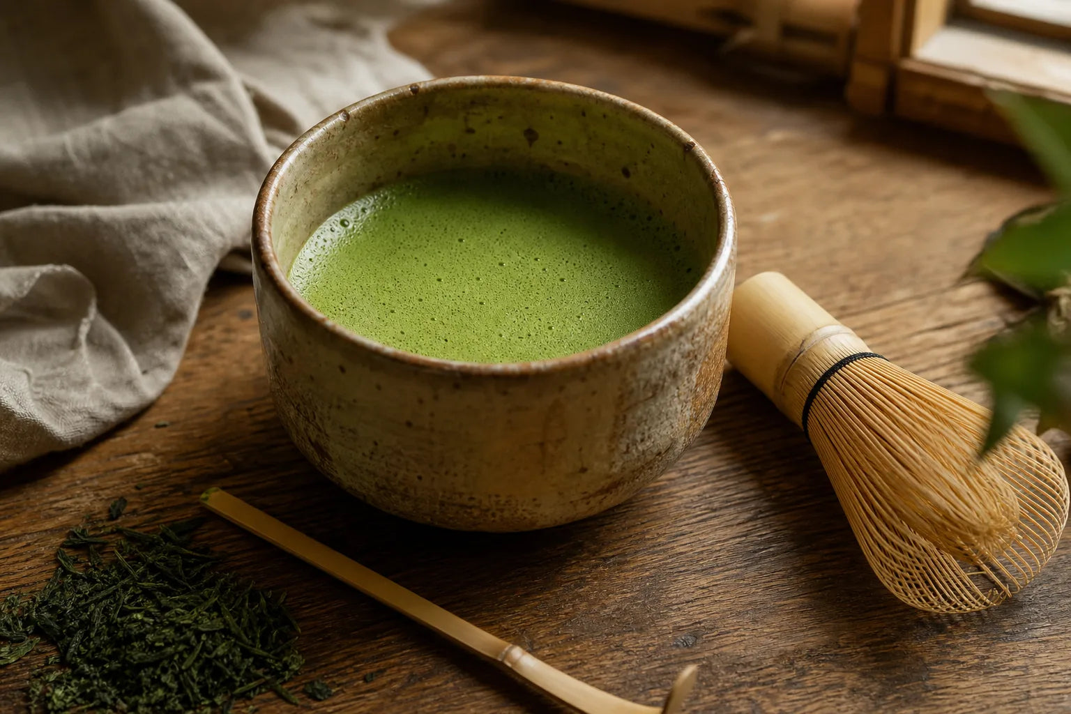 Schale mit leuchtend grünem Uji-Matcha und Bambusbesen