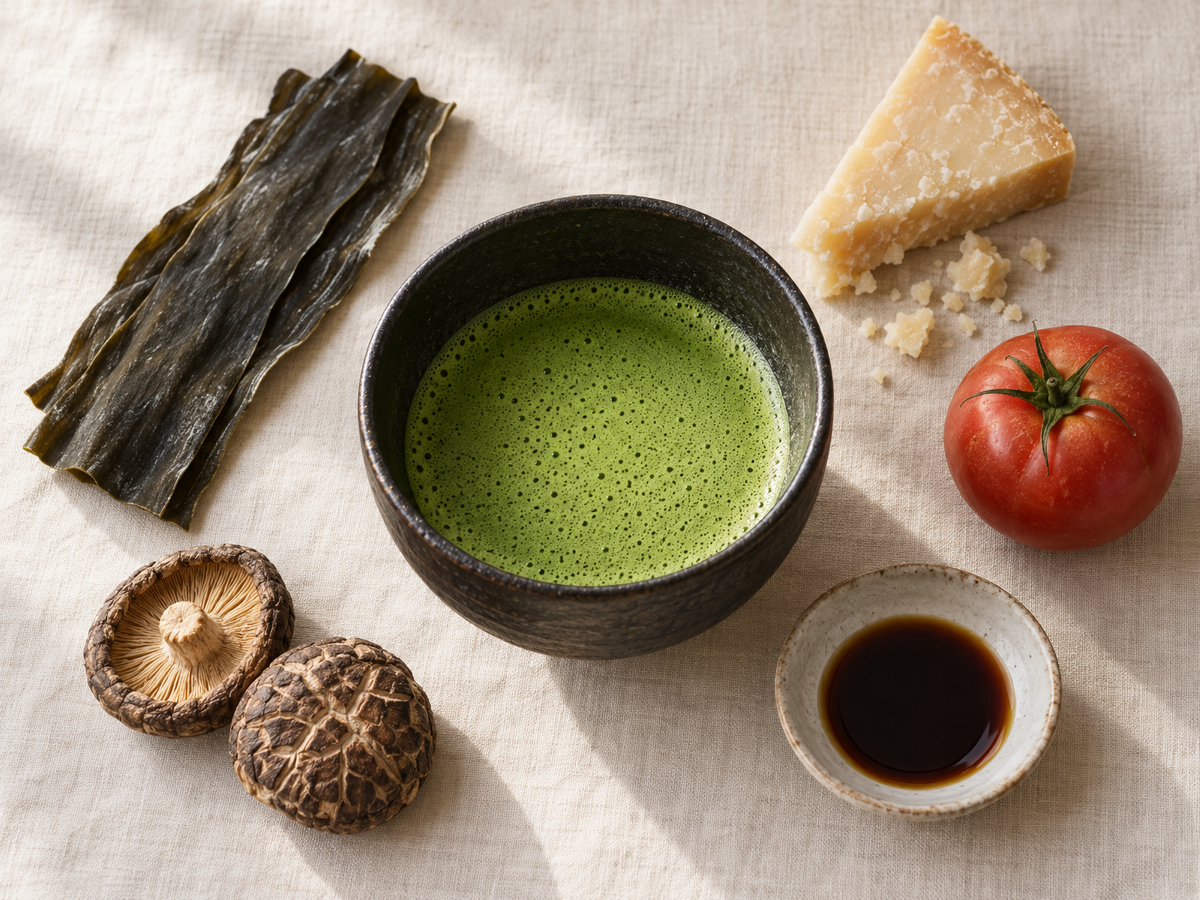 Schale mit aufgeschlagenem Matcha umgeben von Umami-Zutaten: Kombu, Shiitake, Parmesan, Tomate, Sojasauce