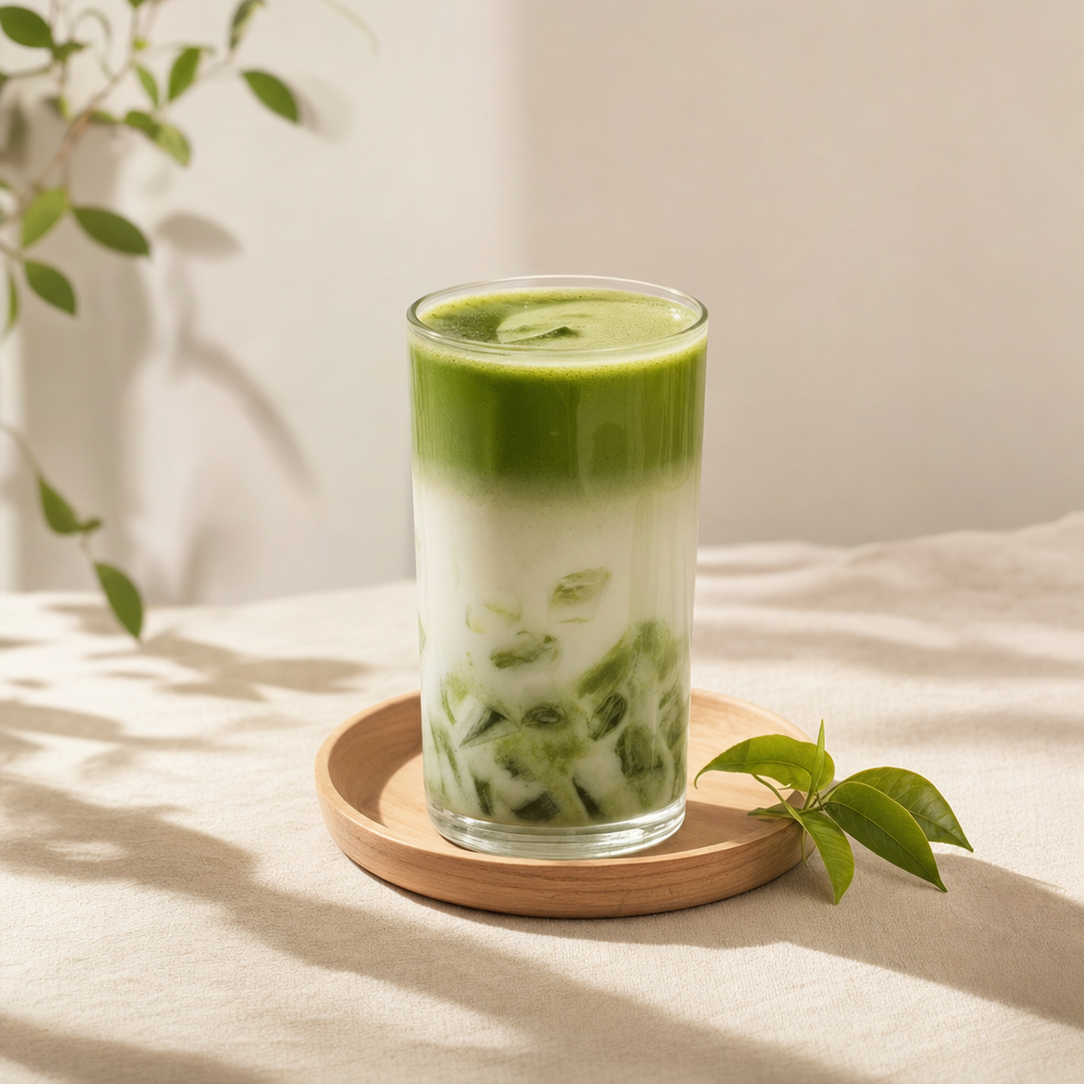 Matcha Latte Iced Rezept auf Holz-Untersetzer