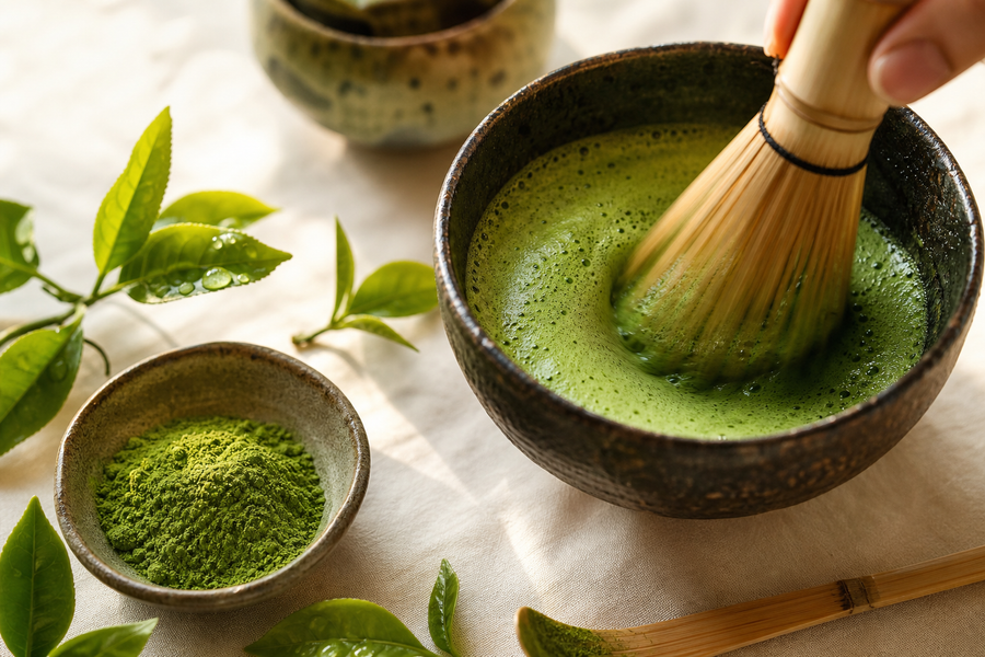 matcha wird mit chasen aufgeschlagen schaum entsteht in steingut-schale