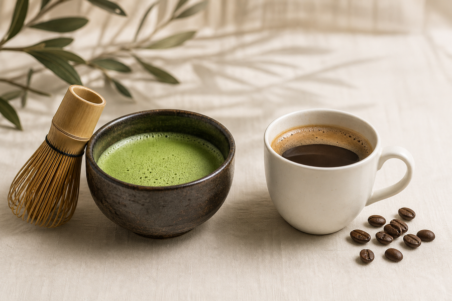 matcha-schale neben espresso-tasse auf leinen mit kaffeebohnen