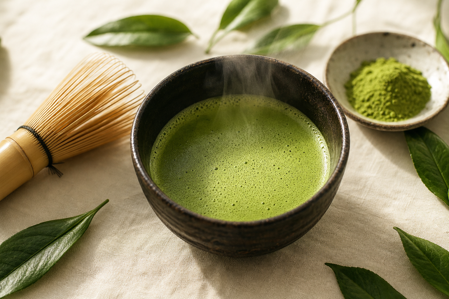 matcha-schale mit jadegruenem matcha und bambusbesen auf warmem leinen