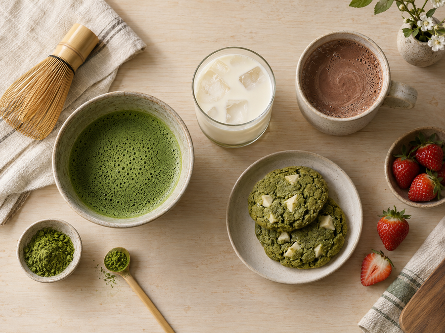 Matcha in der Schale neben einem Glas Milch, einer Tasse Kakao und Matcha-Cookies