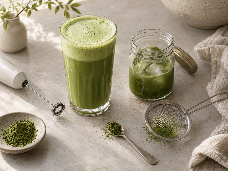 Aufgeschäumter Matcha im Glas ohne Bambusbesen, daneben Milchaufschäumer, Schraubglas mit Eis-Matcha, Sieb und Löffel