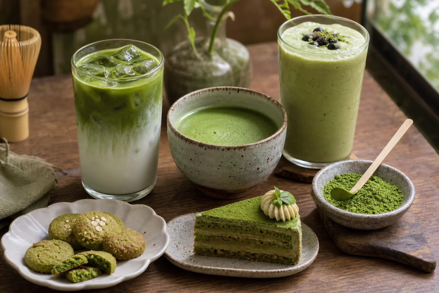Verschiedene Matcha Rezepte: Iced Latte, purer Matcha, Smoothie, Cookies und Kuchen