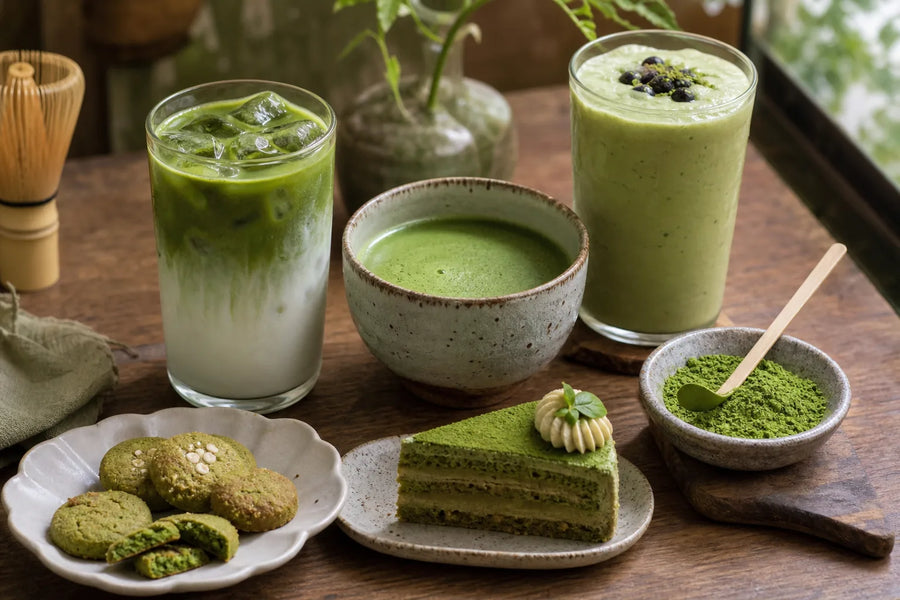 Verschiedene Matcha Rezepte: Iced Latte, purer Matcha, Smoothie, Cookies und Kuchen