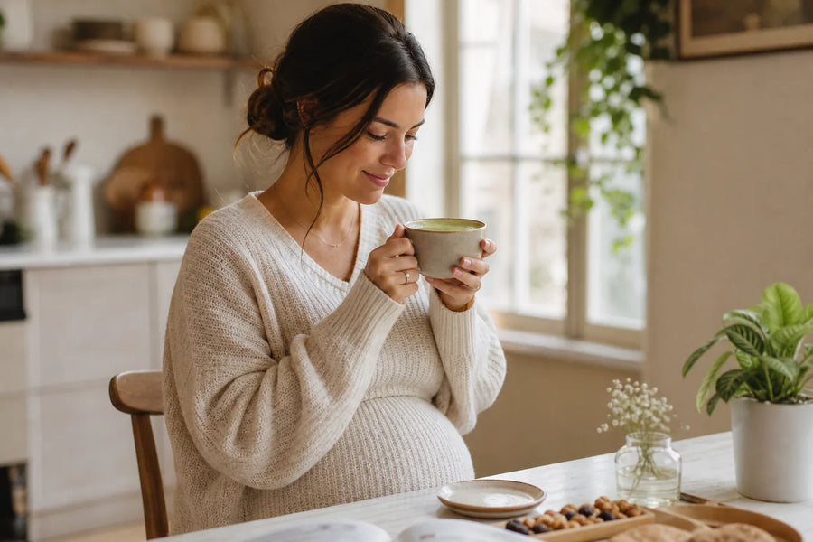Schwangere Frau trinkt eine Tasse Matcha Latte am Küchentisch