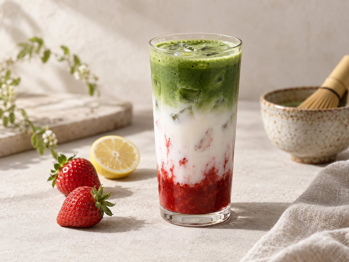 Strawberry Matcha Latte im hohen Glas mit drei Schichten: Erdbeerpüree, Milch mit Eis und grüner Matcha