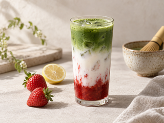 Strawberry Matcha Latte Rezept: mit gekochtem Erdbeerpüree