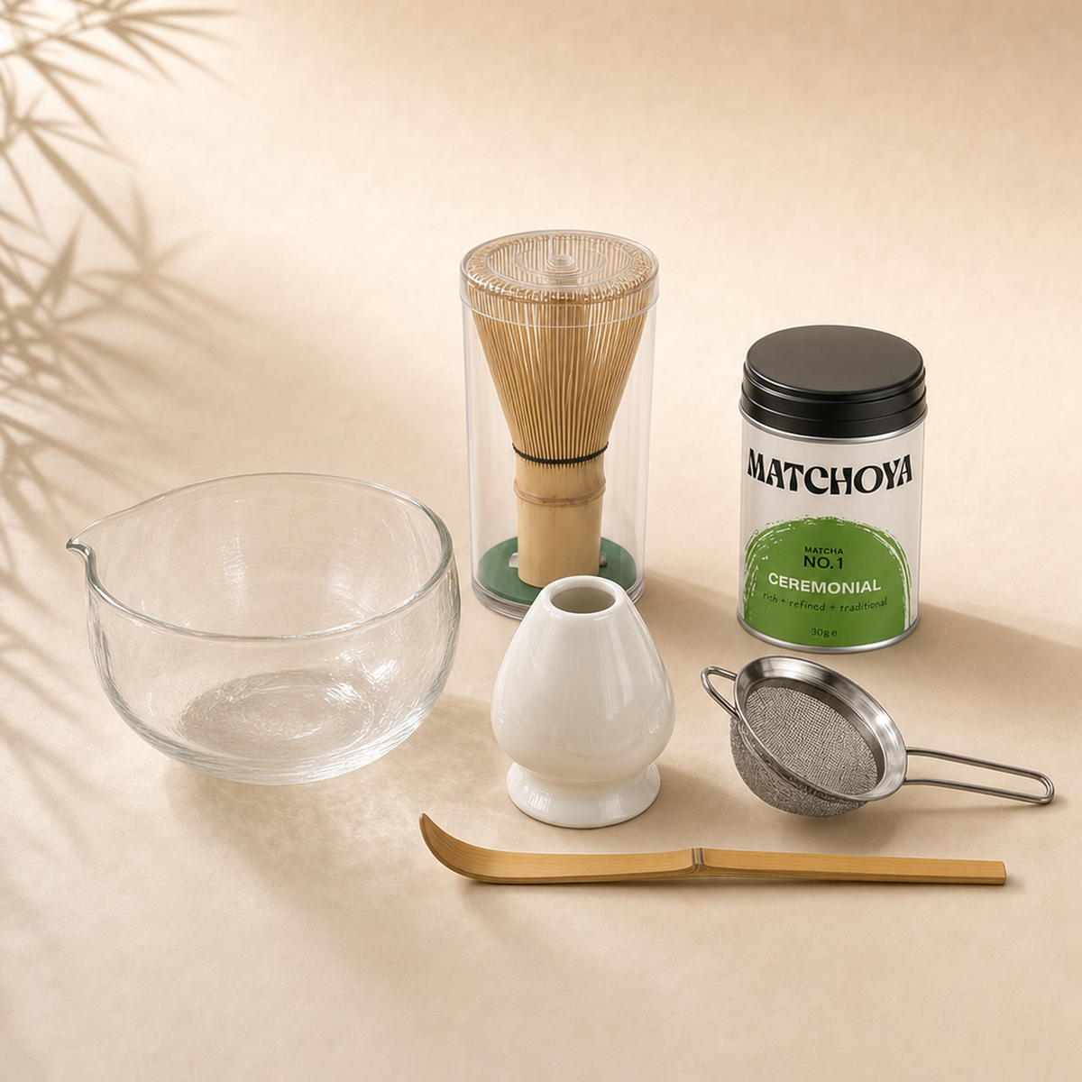 Matcha Bowl Set 5-teilig + Ceremonial Matcha – Studioansicht auf Beige