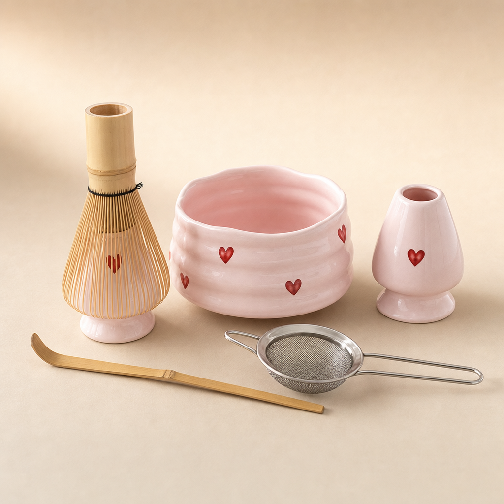 Matcha Keramik Set Rosa Herzen 5-teilig – Studioansicht auf Beige