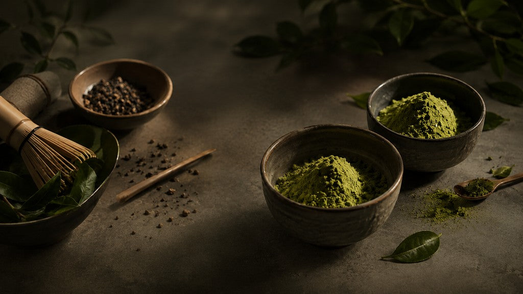 Matcha Schalen, Besen und Blätter auf dunkler Steinoberfläche