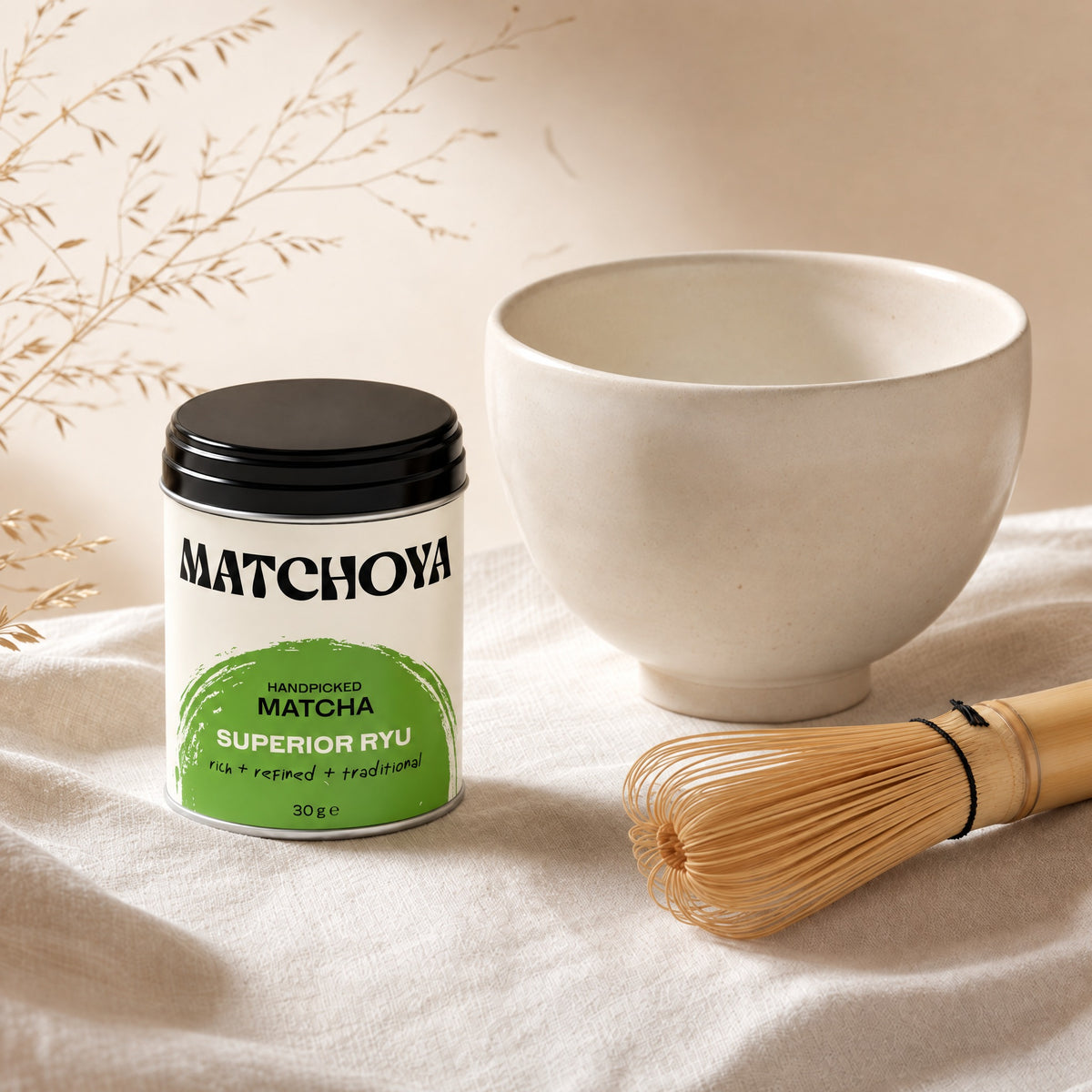 Superior RYU Matcha Dose mit Chawan und Bambusbesen (Chasen)