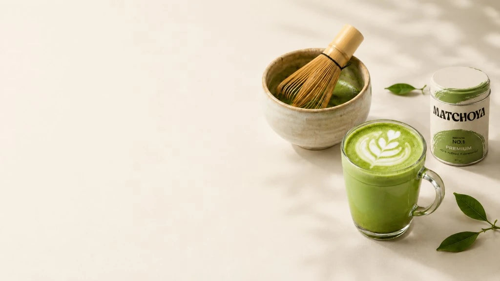 Matcha-Schale mit Chasen, Matcha-Latte im Glas und Matchoya Premium-Dose