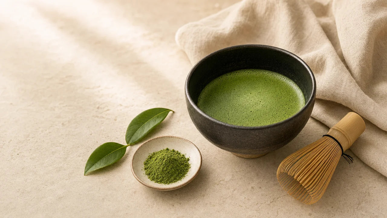Frisch aufgeschlagenes Matcha in einer Chawan-Schale mit Chasen