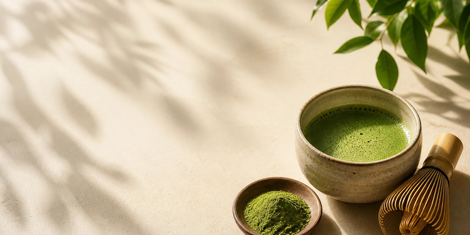 Matcha-Schale mit Chasen und Matcha-Pulver